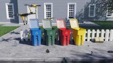 Çöpten sokakları temizleyen insansız hava araçlarıyla yapılan 3D animasyon. Atık ayıklama teknolojisi. Dronlar çöp toplayıp doğru geri dönüşüm kutularına koyuyorlar. Beyaz okları olan çok renkli çöp kutuları