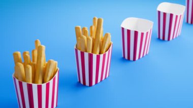 Kusursuz kıvrımlı 3D animasyon ve mavi arka planda patates kızartması. Çıtır çıtır tuzlu atıştırmalıklar beyaz ve kırmızı çizgili karton kutulara düşüyor. Fast food hazırlığı. Lezzetli mezeler..