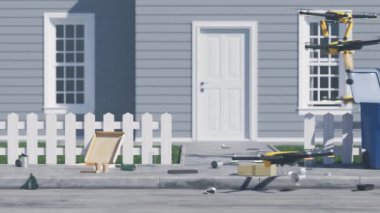 Çöpten sokakları temizleyen insansız hava araçlarıyla yapılan 3D animasyon. Atık ayıklama teknolojisi. Dronlar çöp toplayıp doğru geri dönüşüm kutularına koyuyorlar. Beyaz okları olan çok renkli çöp kutuları
