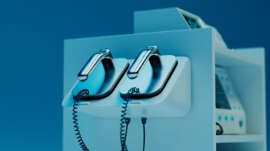 Acil müdahale vagonu var. Hastanedeki profesyonel hayat kurtaran cihaz. Kalp defibrilatörü kullanıma hazır. Tıbbi elektrotlar ve kontrol için bir monitör. İlk yardım. Sağlık hizmetleri.