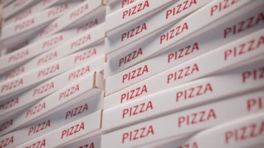Muazzam karton pizza kutularının kusursuz döngü animasyonu. Bir yığın pizza kutusu. Fast food paketleme. Pizza kutularını çıkar. Kağıt beyaz pizza kutuları. Pizza teslimatı. Pizza paketleme.