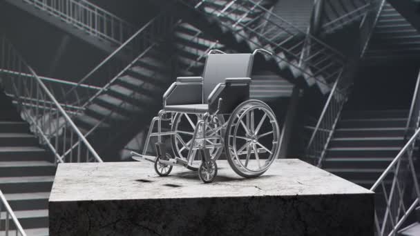 Анімація Інвалідного Візка Лабіринті Сходів Камера Панорамує Навколо Концепція Подолання — стокове відео