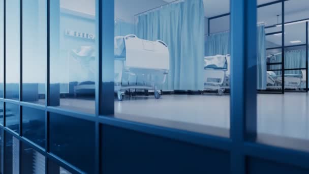 医院病房远离外界视野 医院清洁室的医疗设备 为病人提供特别护理床 相机在地板上移动 现代诊所的内部 保健的概念 — 图库视频影像