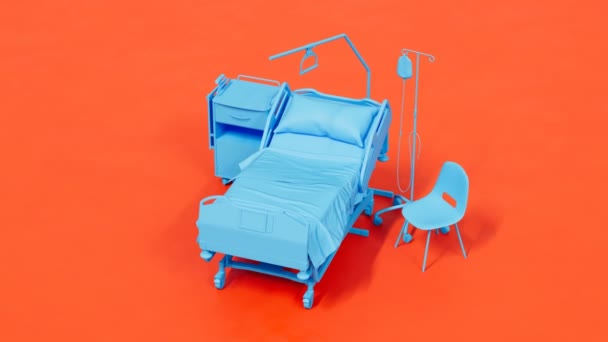 Animação Cama Médica Simples Cadeira Armário Cor Azul Fundo Vermelho — Vídeo de Stock
