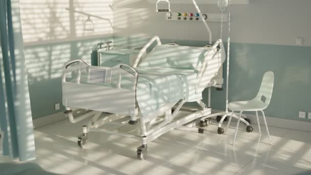 在Coronavirus医院的医疗床动画 Covid 19患者加护床的概念 摄像机显示病人的空床 诊所的内部 检疫区 — 图库视频影像