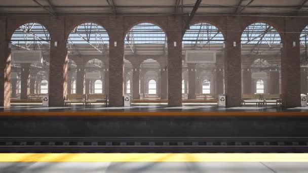 Seamless Looping Animation Empty Train Station Platforms Brick Pillars Camera — Stock Video