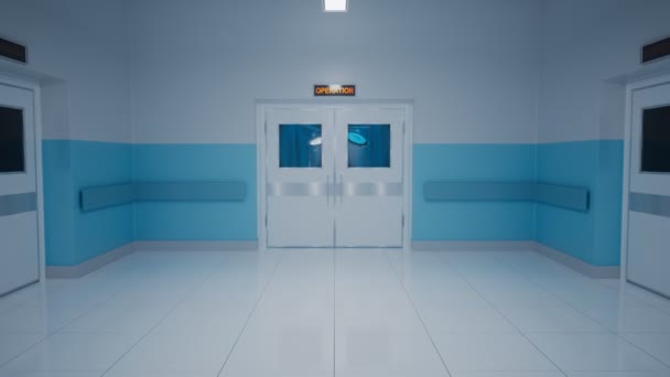 病院で手術室を見せている映像 カメラはクリーンな廊下に沿ってドアを介して動作する劇場に移動します 外科機器 ランプ 作動テーブル 医療キャビネット — ストック動画