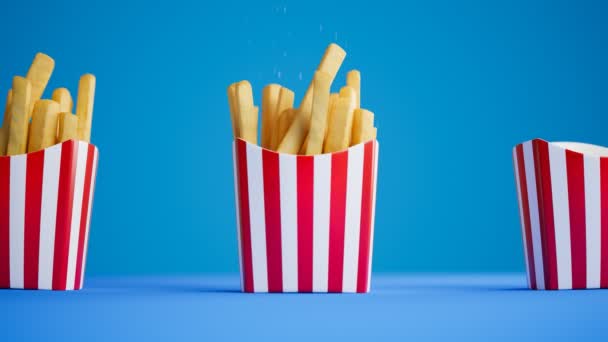 无缝线3D动画与美味的法国薯条蓝色背景 脆咸零食掉到了白色和红色条纹纸盒上 快餐准备 味道鲜美的配菜 — 图库视频影像