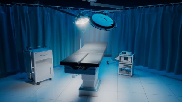 显示医院手术室的影像 现代手术室配备外科设备 手术台 医疗柜 救援车 操作套件 保健服务 — 图库视频影像