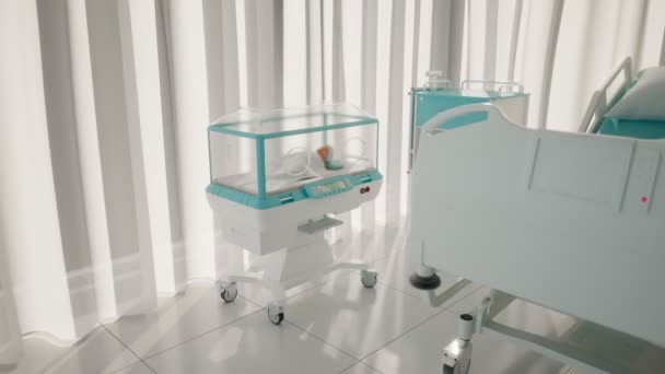 Lumineuse Chambre Hôpital Propre Avec Bébé Dans Incubateur Équipement Sauvetage — Video