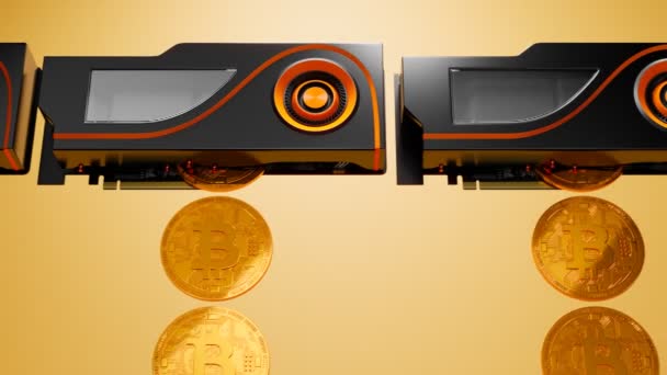 Nahtlose Looping Animation Von Grafikkarten Die Bitcoin Goldmünzen Produzieren Bitcoin — Stockvideo