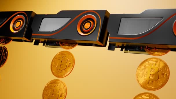 Bezproblémová Smyčková Animace Grafických Karet Vyrábějících Zlaté Mince Bitcoin Těžba — Stock video