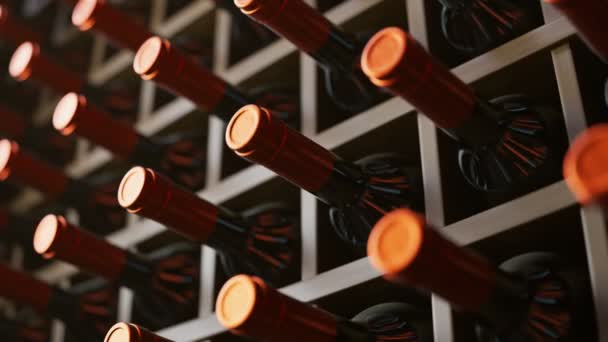 ダークワインセラーで木製の棚に注文したワインボトルのシームレスループアニメーション ワイナリーの伝統的なワイン醸造の概念 ブドウ園やレストランでのワインの大規模な貯蔵 — ストック動画