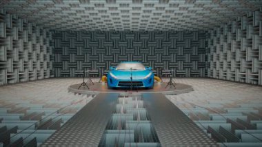 Ses geçirmez bir stüdyoda spor bir araba. Platformdaki mikrofonların arasındaki araç motorun sesini kaydetmeye hazır. Akustik fayanslı profesyonel anekoik oda.