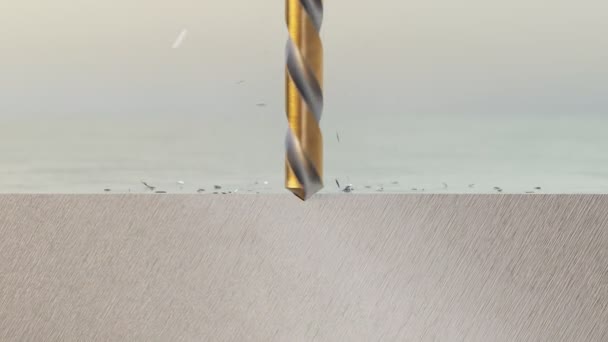 Бурение Отверстия Металлической Поверхности Анимация Прядильной Свеклой Среди Металлических Стружек — стоковое видео