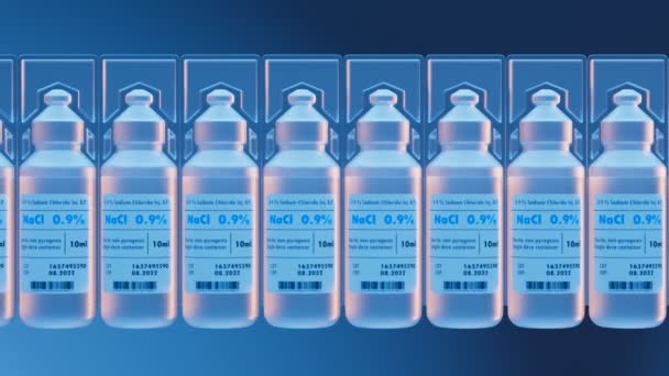 病院のための塩化塩素塩素塩素アンプルのシームレスなループアニメーション 透明な液体を有するプラスチック製薬ボトルのグループ ベイビー 医療と医療の概念について 医薬品について — ストック動画