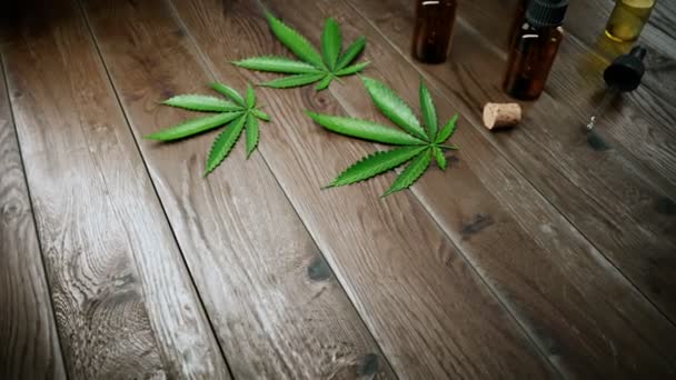 Cannabisölprodukte Auf Einem Tisch Cbd Ätherische Öle Glasflaschen Marihuana Grüne — Stockvideo