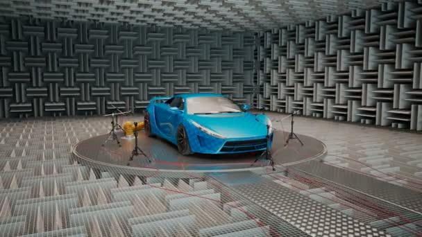 防音レコーディングスタジオのスポーツカー マイクのプラットフォームの車両は エンジンの音を録音する準備ができています アコースティックタイル付きのプロフェッショナルな電波チャンバー — ストック動画