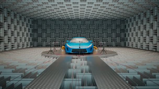 防音レコーディングスタジオのスポーツカー マイクのプラットフォームの車両は エンジンの音を録音する準備ができています アコースティックタイル付きのプロフェッショナルな電波チャンバー — ストック動画