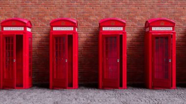 Duvarda İngiliz kırmızı telefon kulübeleri olan kusursuz bir döngü animasyonu. Geleneksel Londra ve İngiliz sembolü. Sokaktaki eski haberleşme kulübeleri. Antika telefon. Telefona bak..