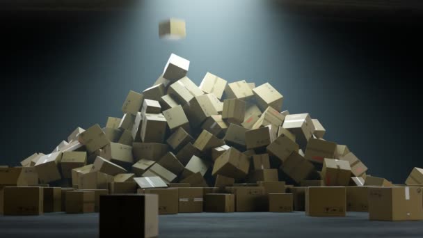 Parcelas Cayendo Creando Una Enorme Pila Cajas Cartón Montón Cajas — Vídeos de Stock