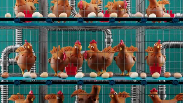 家禽饲养场笼中小鸡的无缝线动画 动物权利的概念 粮食生产 鸡蛋用传送带运送 可爱的鸟儿跳跃着拍打着翅膀 Hens — 图库视频影像
