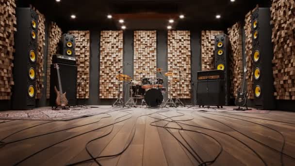 音楽楽器によるプロのレコーディングスタジオ ドラムキット ギター マイク スピーカー付きのサウンドスタジオルーム アコースティックブース 防音インテリア オーディオ ミュージック機器 ミック — ストック動画