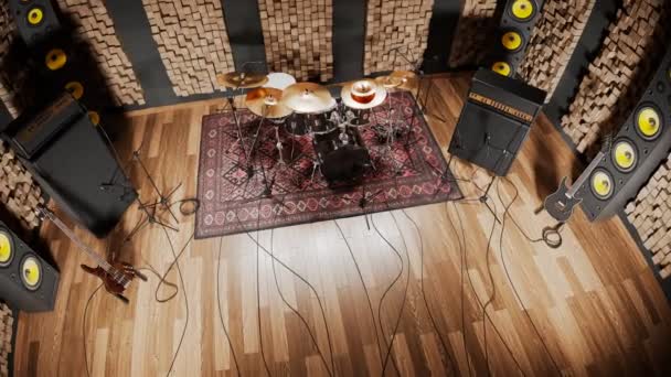 Profesjonalne Studio Nagraniowe Instrumentami Muzycznymi Studio Dźwiękowe Zestawem Perkusyjnym Gitarami — Wideo stockowe