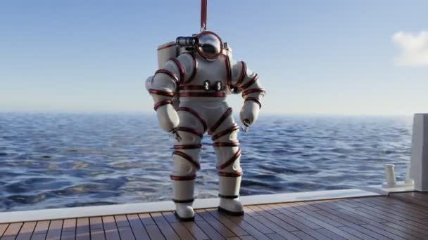Potápěč Nově Navrženém High Tech Obleku Palubě Lodi Nekonvenční Rychlost — Stock video