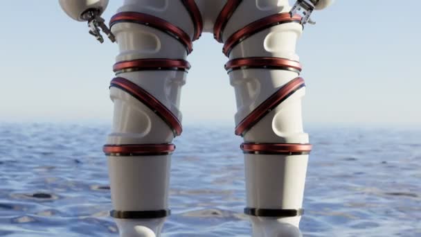 新しく設計されたハイテク エクソスーツのダイバー 以前よりも深く潜るための非伝統的なギア 水中発見 潜水艦スーツ マリンサイエンス 素晴らしい冒険の雰囲気 — ストック動画