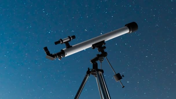 星空の背景にある望遠鏡で素晴らしいアニメーション 望遠鏡のシルエットで夜空の風景 アストロノミー 銀河の星座を観測する ディスカバリー 宇宙探査 — ストック動画