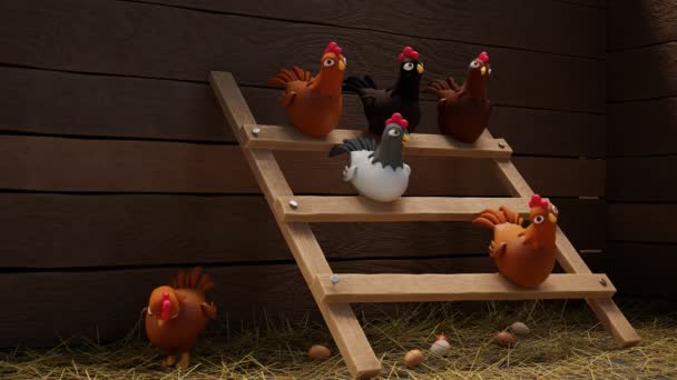 かわいい3Dアニメーション ふわふわの鶏と鶏がヘンハウスでパーチに座っています 農場の鶏小屋の中にいる鳥たち 家禽について 家畜か 食糧生産について エッグス — ストック動画
