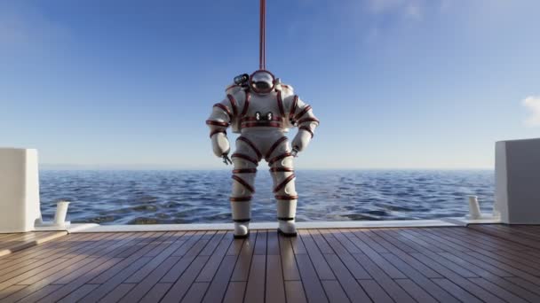 Potápěč Nově Navrženém High Tech Obleku Palubě Lodi Nekonvenční Rychlost — Stock video
