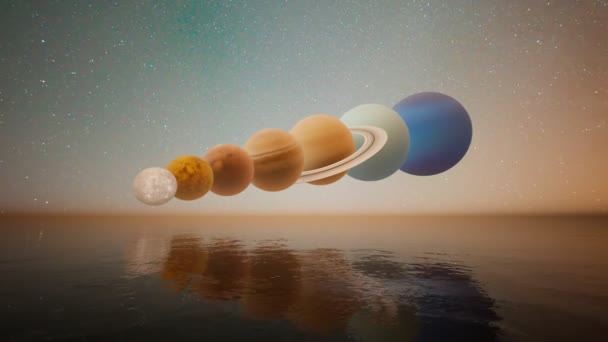 Csodálatos Animáció Naprendszerről Bolygók Vízfelszín Felett Vénusz Föld Mars Jupiter — Stock videók