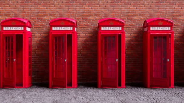 无缝线循环动画与英式红色电话亭的砖墙背景 传统的伦敦和英语符号 街上的旧通讯亭 老式电话 打一个电话 — 图库视频影像