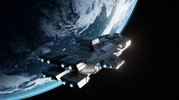 Futuristic Concept Spaceship Approaching Planet Erth Dark Universe Fighter Mission — Stock Video