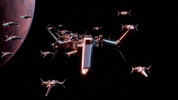 Concetto Futuristico Piccole Astronavi Che Volano Sopra Pianeta Alieno Combattenti — Video Stock