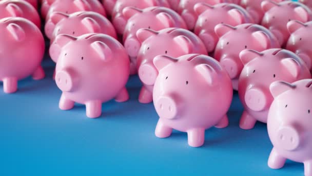 无缝带的循环动画大量的小猪银行 快乐的玩具把钱收入存入瓷库 以财务作为负责任管理的象征 Piggybank装满了硬币储蓄 — 图库视频影像