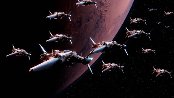 Concetto Futuristico Piccole Astronavi Che Volano Sopra Pianeta Alieno Combattenti — Video Stock