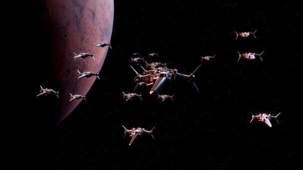 Futuristický Koncept Malých Vesmírných Lodí Letících Nad Mimozemskou Planetou Bojovníci — Stock video