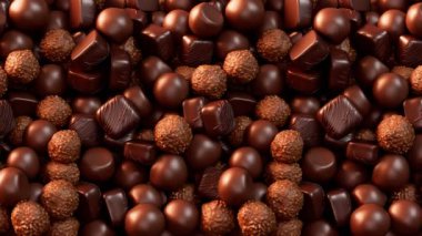 Lezzetli çikolatalı pralinler. Koyu çikolata jölesi, çikolata parçacıkları ve karamel kreması ile süslenmiş tatlı bonbonlar. Şeker dükkanı, pastane, sevgililer günü ya da anneler günü için mükemmel. Kusursuz döngü.