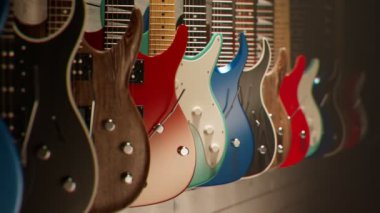 Çeşitli elektro gitarların kusursuz döngü animasyonu. Müzik aletleri dükkanı. Stüdyo ışığıyla müzik aletlerinin zarif çekimi. Rock, heavy metal, blues, pop, rhythm, lead, gitar.