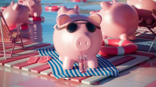 Piggy Bank Sunglasses Relaxation Zone Swimming Pool Money Income Porcelain — Stock Video