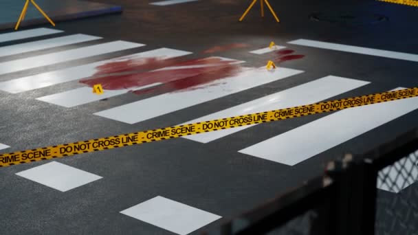 Bloody Stain Street Crime Scene Crosswalk Protected Yellow Police Tape — Stock Video