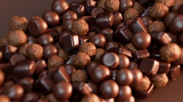 Deliciosos Pralinés Chocolate Bonbones Dulces Decorados Con Glaseado Chocolate Negro — Vídeos de Stock