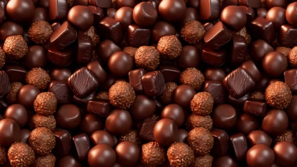 Νόστιμες Πραλίνες Σοκολάτας Γλυκά Κουφέτα Διακοσμημένα Γλάσο Μαύρης Σοκολάτας Τρούφα — Αρχείο Βίντεο