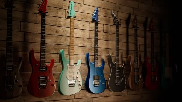 Animação Sem Costura Looping Várias Guitarras Elétricas Sortidas Loja Instrumentos — Vídeo de Stock