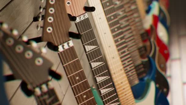 Çeşitli Elektro Gitarların Kusursuz Döngü Animasyonu Müzik Aletleri Dükkanı Stüdyo — Stok video