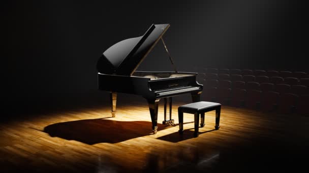 大きなコンサートホールのステージに立つ豪華なグランドピアノ 完璧な黒い光沢のあるペンキはステージスポットライトで輝きます 優秀なミュージシャンのために演奏する準備ができている古典的な楽器 音楽への情熱 — ストック動画
