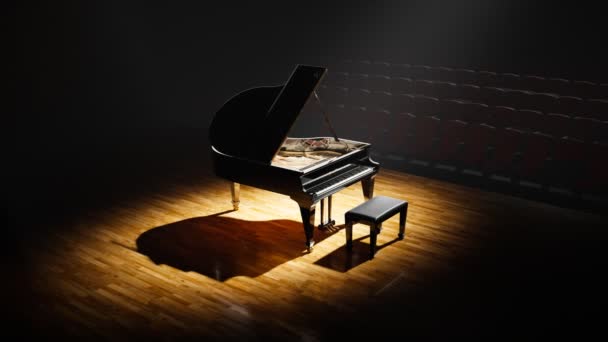 在一个大音乐厅的舞台上站着一架豪华的大钢琴 完美的黑色光泽涂料在舞台聚光灯下闪闪发光 古典乐器准备为有才华的音乐家表演 对音乐的热情 — 图库视频影像